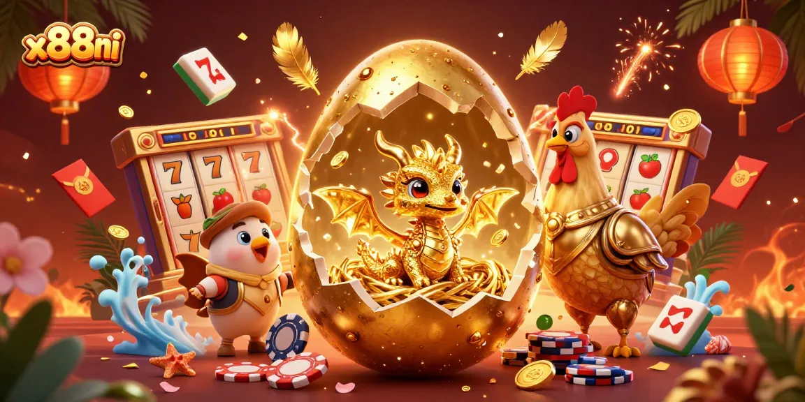 Engage with x88ni's vibrant casino experience featuring a golden dragon, poker chips, and abundant game elements.
