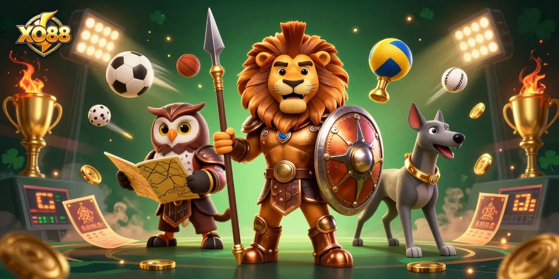 Experience thrilling sports betting with XO88's dynamic scene featuring a Spartan lion and tactical owl.