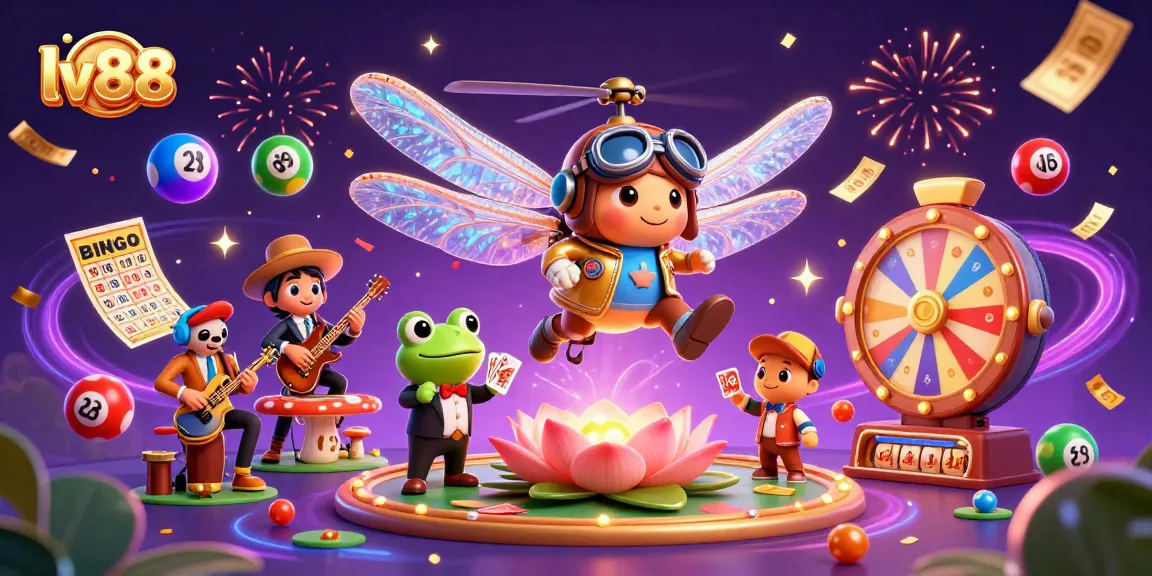 Experience lively gaming action at lv88 with a dragonfly pilot and frog croupier amidst vibrant casino elements.