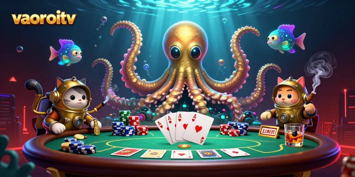 Experience the thrill at vaoroitv with a colossal kraken, vintage diving cat, and poker excitement in a vibrant underwater scene.