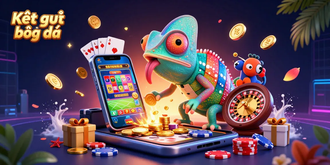 Kết quả bóng đá dynamic scene featuring a colorful illustration of a chameleon casino owner amidst gaming elements