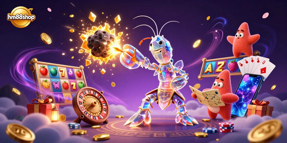 Play and win at hm88shop with an explosive scene of vibrant slot games and galactic characters.