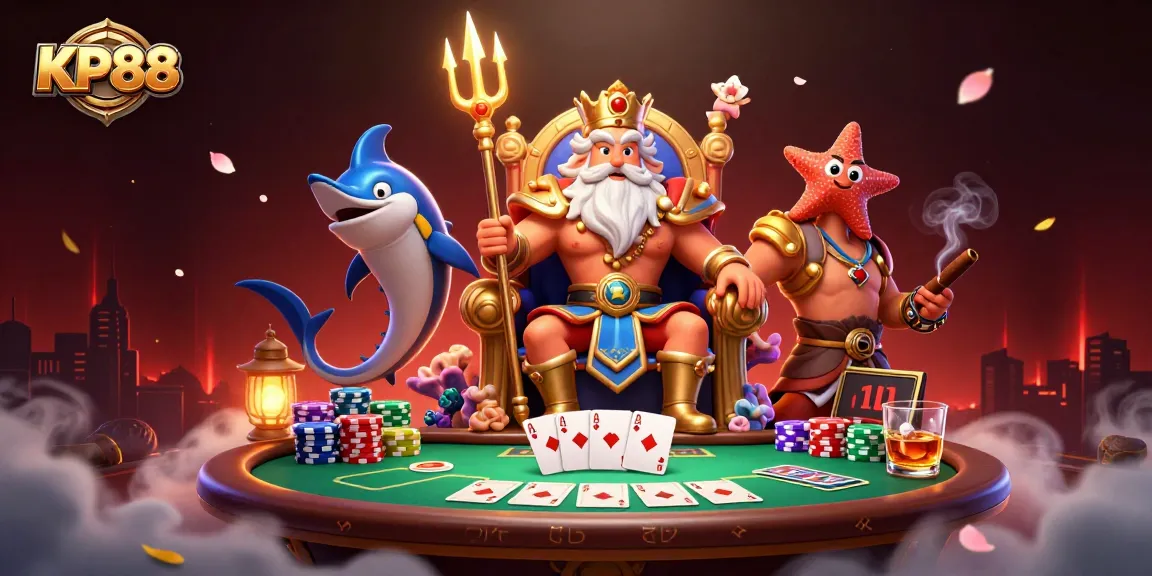 Engage in thrilling gameplay at KP88, featuring a vibrant 3D illustration of Neptune and poker elements.