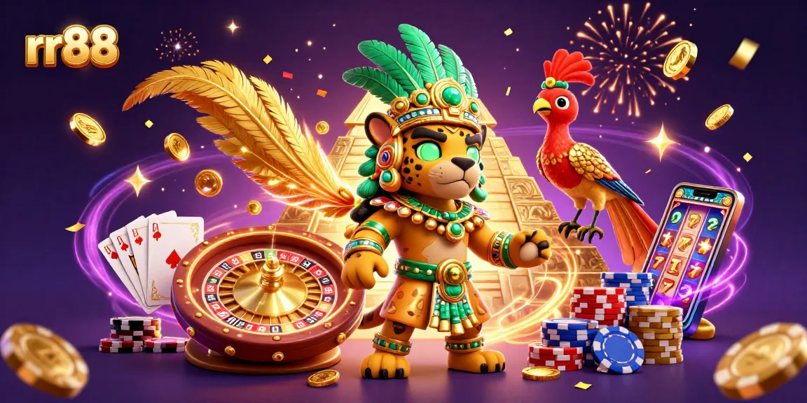 Experience the thrill at rr88 with a vibrant casino scene featuring a Mayan priest, dazzling coins, and spinning roulette.
