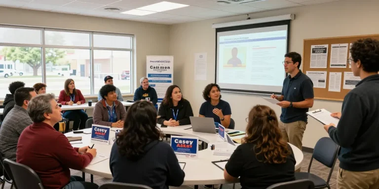 Casey Askar's campaign meeting engaging voters in a vibrant community setting.