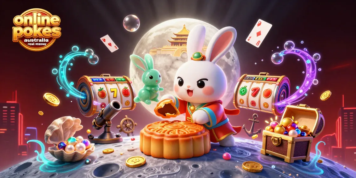 Engage in online pokies Australia real money as a moon rabbit unveils poker chips among vibrant casino elements.