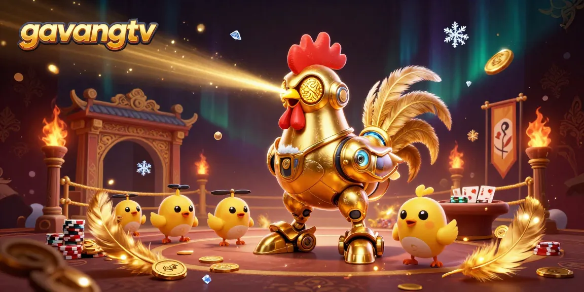 Engage with the thrilling world of gavangtv gaming, featuring a dynamic golden rooster robot and vivid casino elements.