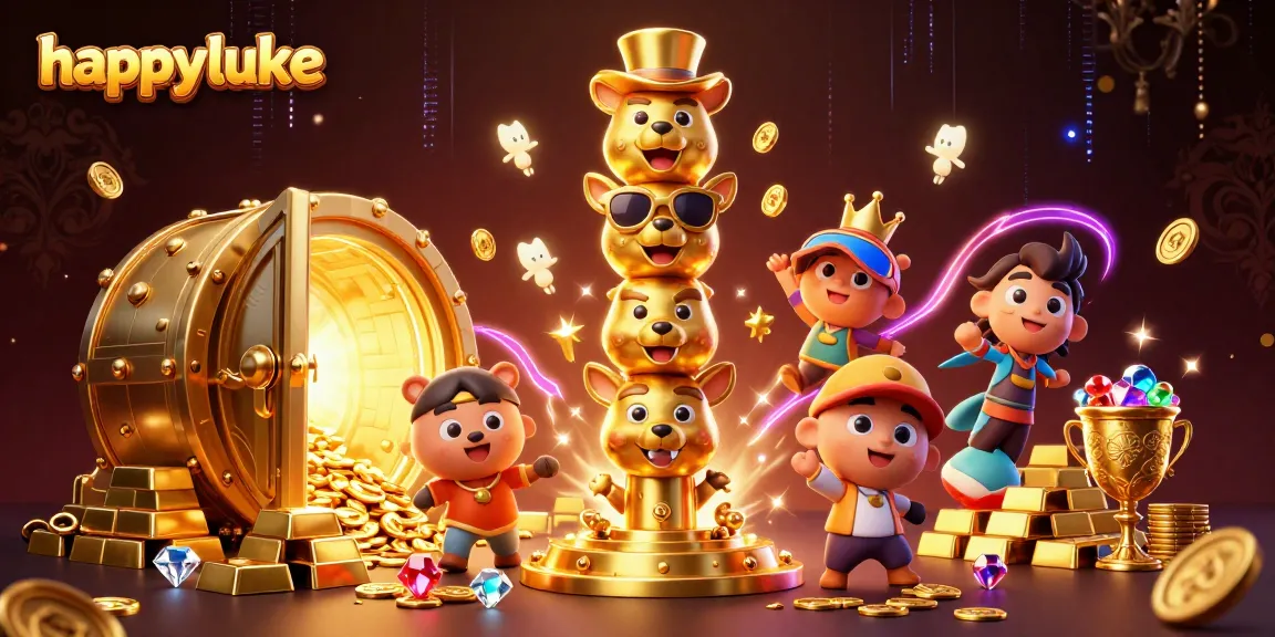 Win big at happyluke with vibrant casino-themed elements and dynamic energy in the illustration.