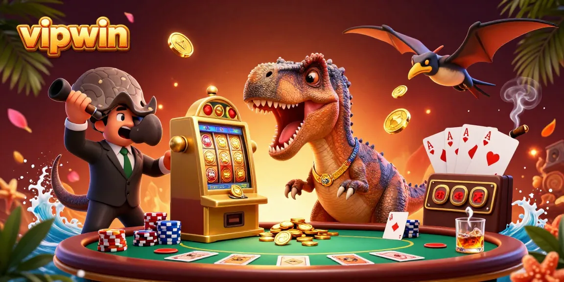 Catch golden coins at vipwin with a cartoon dinosaur hitting a jackpot machine!