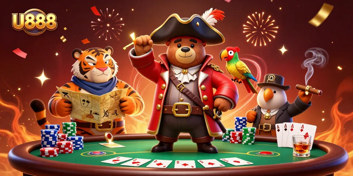 U888 showcases a vibrant and dynamic scene featuring a pirate bear, tiger first mate, and golden parrot strategizing at a poker table.