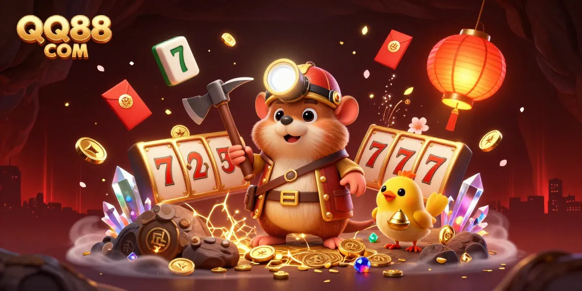 Experience thrilling slot gameplay with QQ88 COM and dynamic treasures in an immersive illustration.
