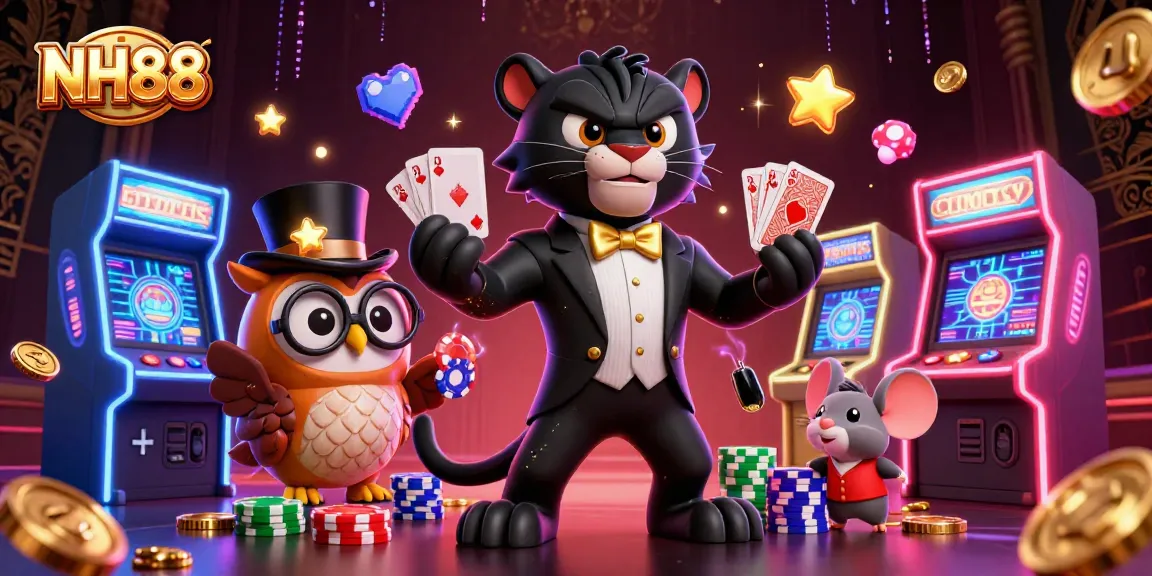 Engaging 3D illustration of NH88's vibrant casino scene with a stylish panther and charming characters.