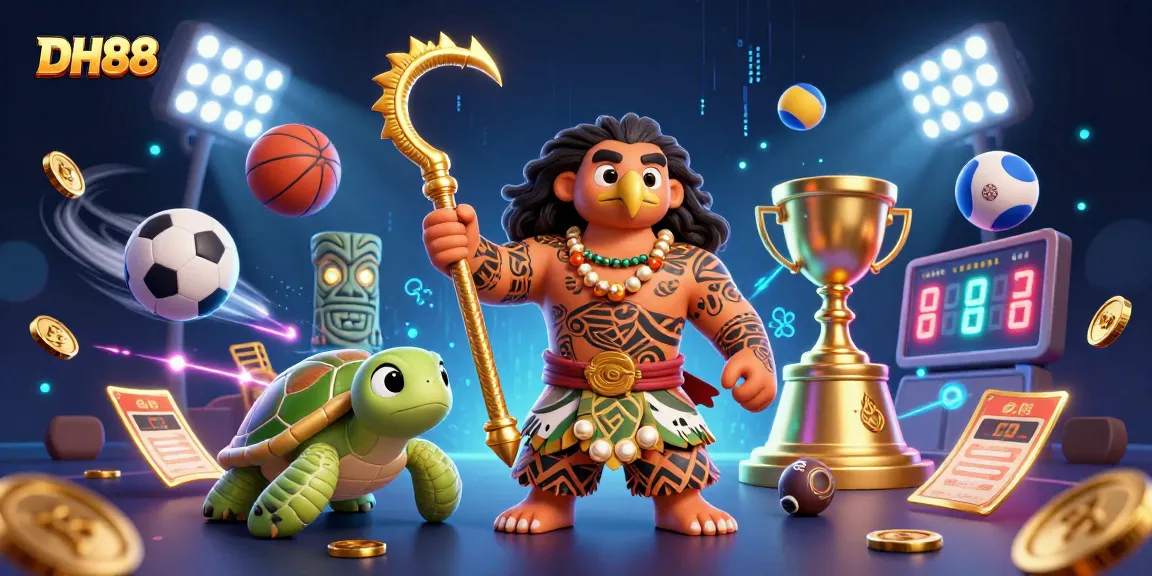 Experience thrilling sports betting at DH88 with a vibrant 3D illustration of a demigod and turtle.