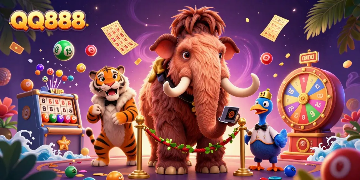 Experience excitement with QQ888 as a woolly mammoth bouncer checks VIP ID against a backdrop of vibrant casino elements.