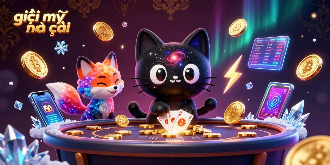 Engaging 3D illustration showcasing giải mã nhà cái with a cosmic cat and colorful fox at a casino table.