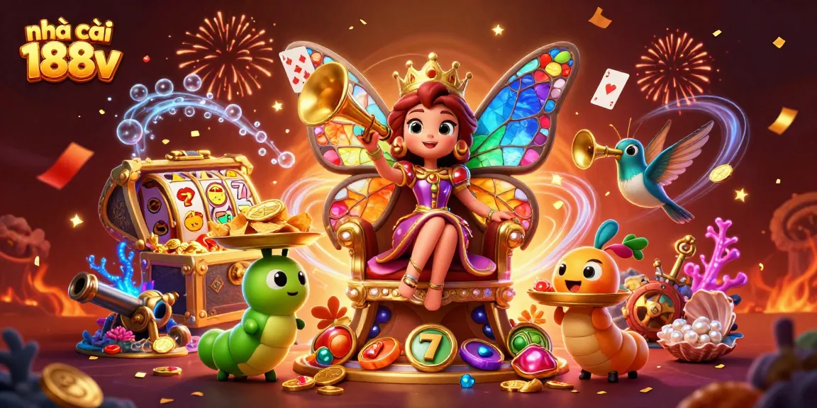 Engage with nhà cái 188v's vibrant gaming scene featuring a butterfly queen, slot elements, and underwater treasure