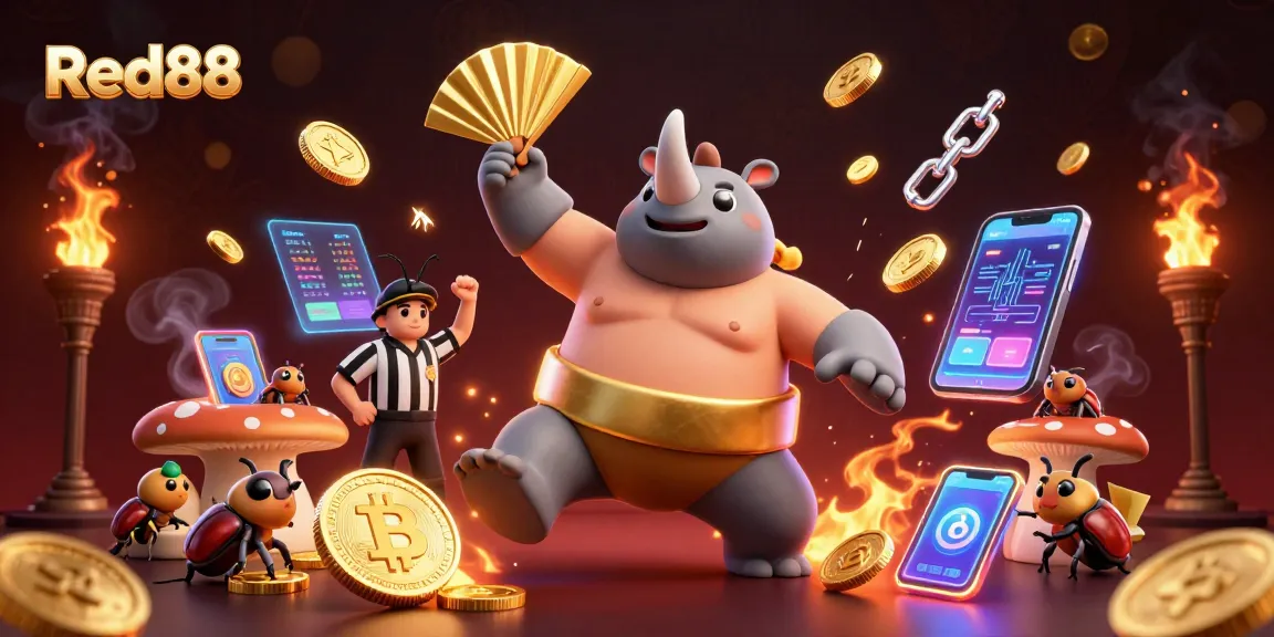 Red88 gaming excitement with a cartoon rhinoceros beetle champion amidst flying coins and crypto elements.
