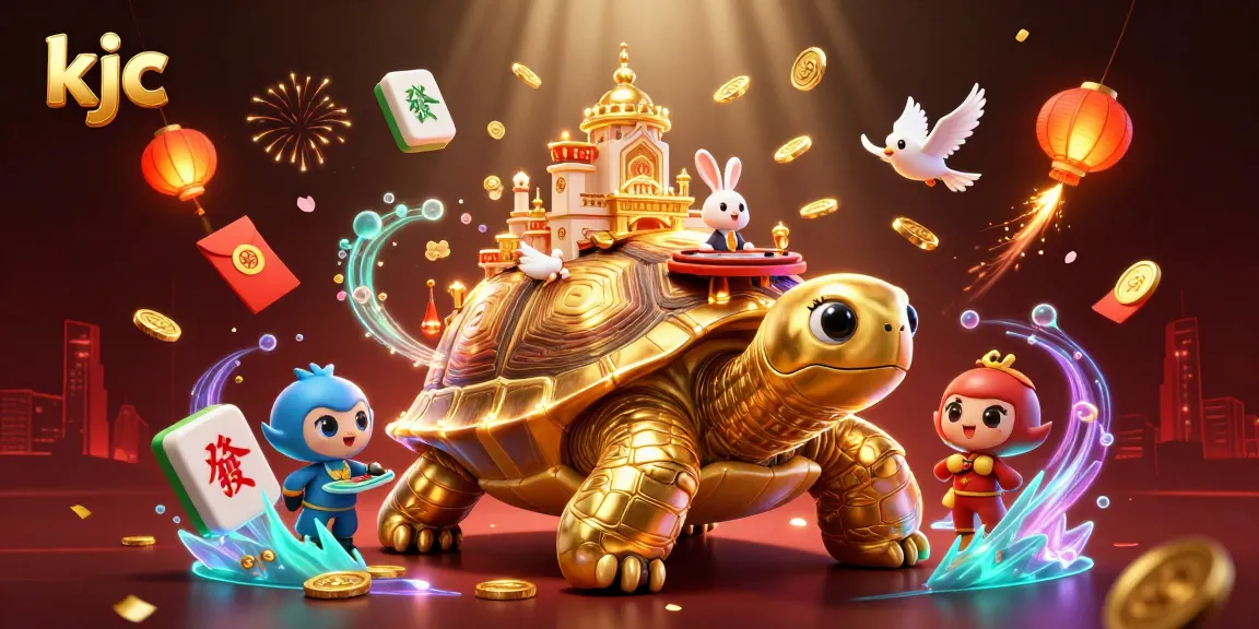 Experience the thrill of KJC with a vibrant casino scene featuring a golden tortoise and enchanting elements.