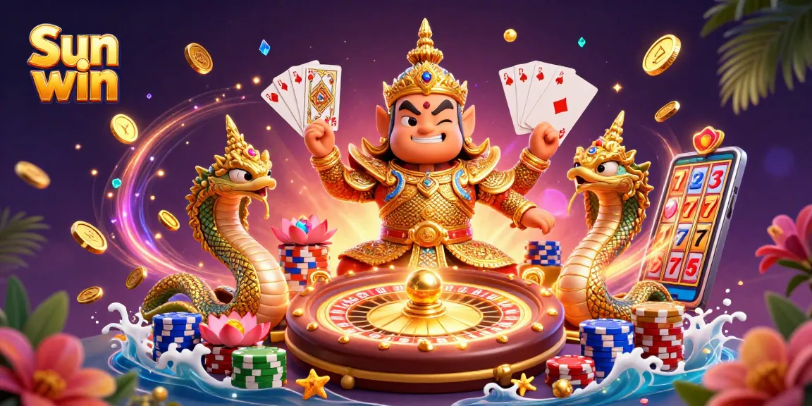 Experience winning moments with Sun win using the vibrant 3D casino scene featuring slot elements.