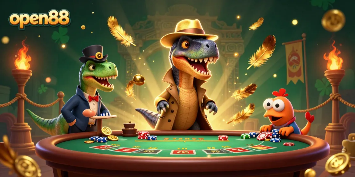 Engage with the exciting world of open88, showcasing a velociraptor card counter at a blackjack table.