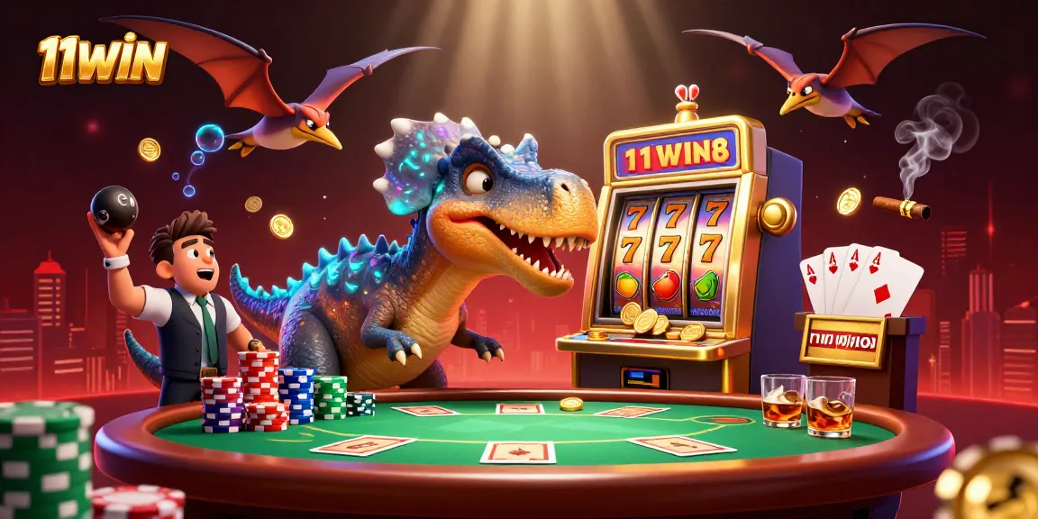 11WIN showcases a vibrant scene of excitement with a dinosaur hitting a slot machine amid a bustling casino atmosphere.