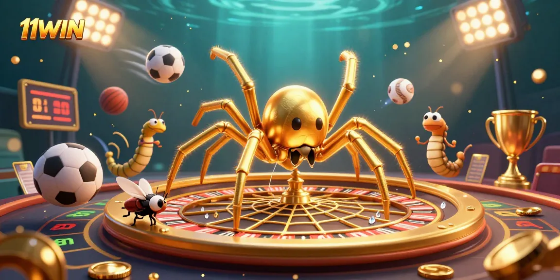 Place bets with 11WIN at a cartoon casino featuring a golden spider and dynamic sports elements.