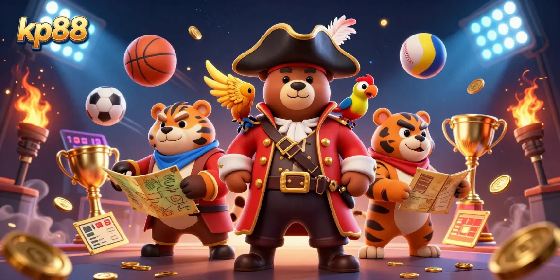 Engage with kp88 as a 3D cartoon illustration features a pirate bear, a fierce tiger, and a golden parrot amidst vibrant sports betting elements.