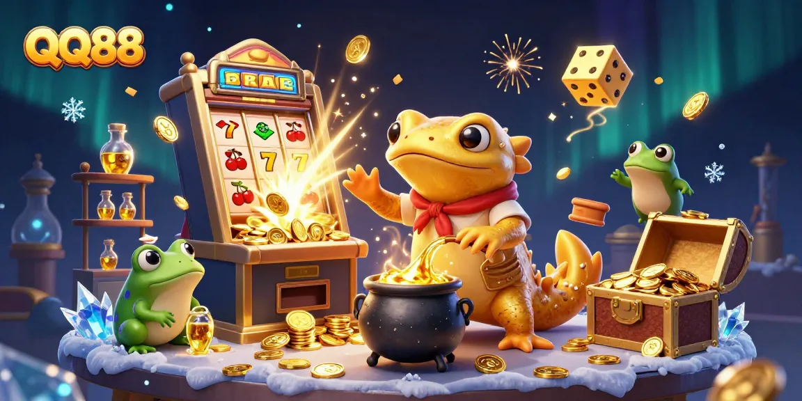 Experience the thrills at QQ88 with a vibrant 3D illustration showcasing jackpots, gold coins, and enchanting casino elements.