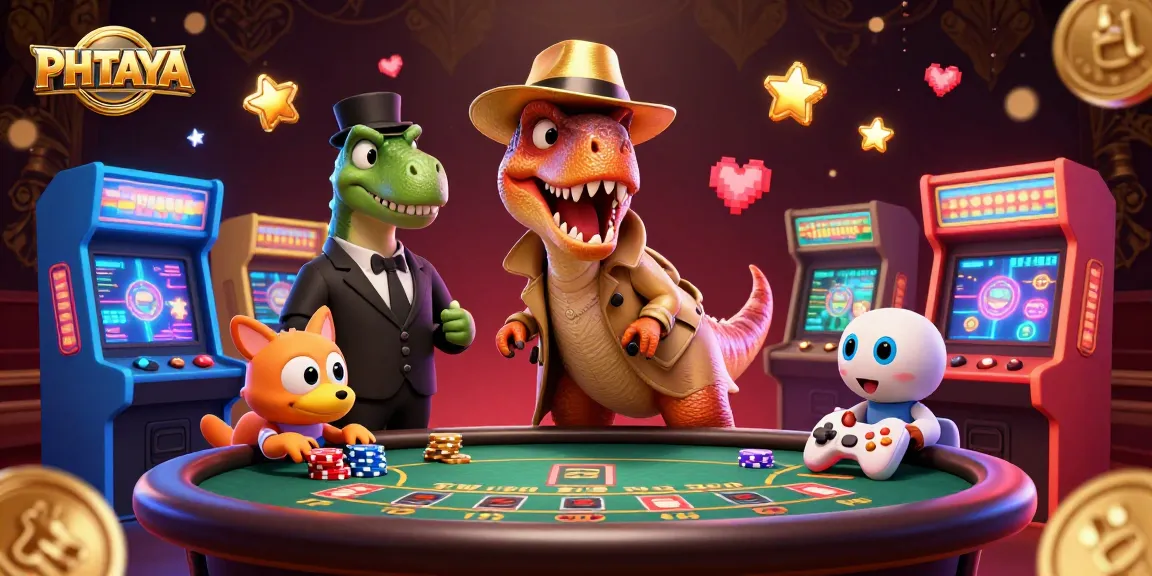 PHTAYA players engage with a vibrant casino atmosphere in a 3D illustration featuring a velociraptor card counter, stegosaurus pit boss, and more.
