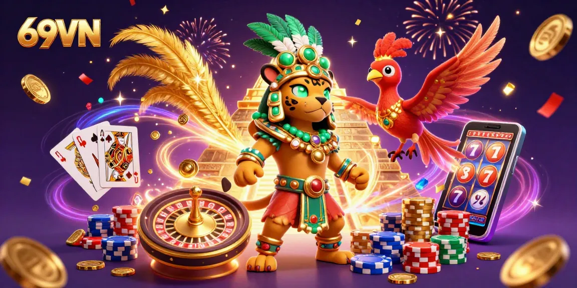 Engage with the 69VN online casino experience showcasing vibrant, high-quality gaming elements and iconic figures.