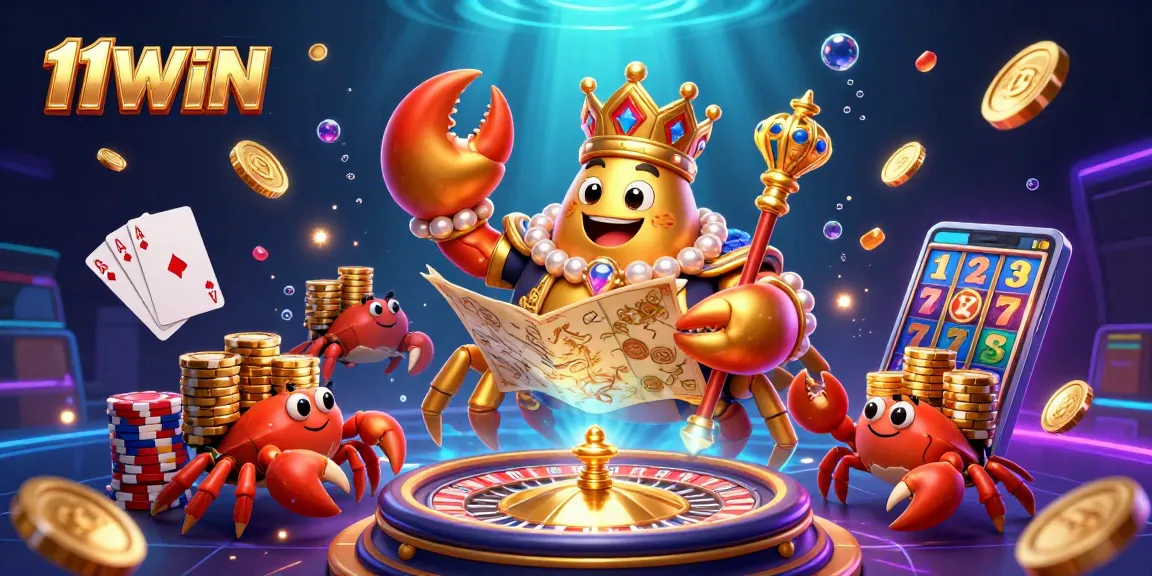 Experience the thrill of 11WIN with a vibrant 3D illustration featuring a golden crab and casino elements.