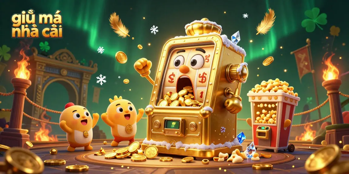 Unlock big wins with giải mã nhà cái slot machines striking gold as joyful characters cheer in a vibrant casino.