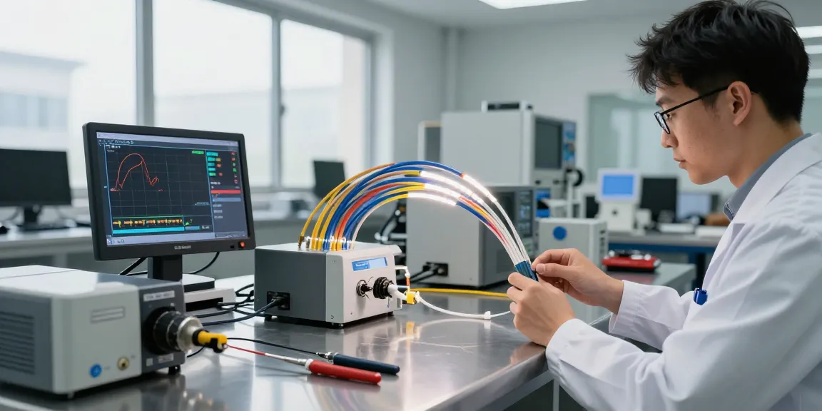 Engineer examining high-performance fiber optic cable assembly in a tech lab.