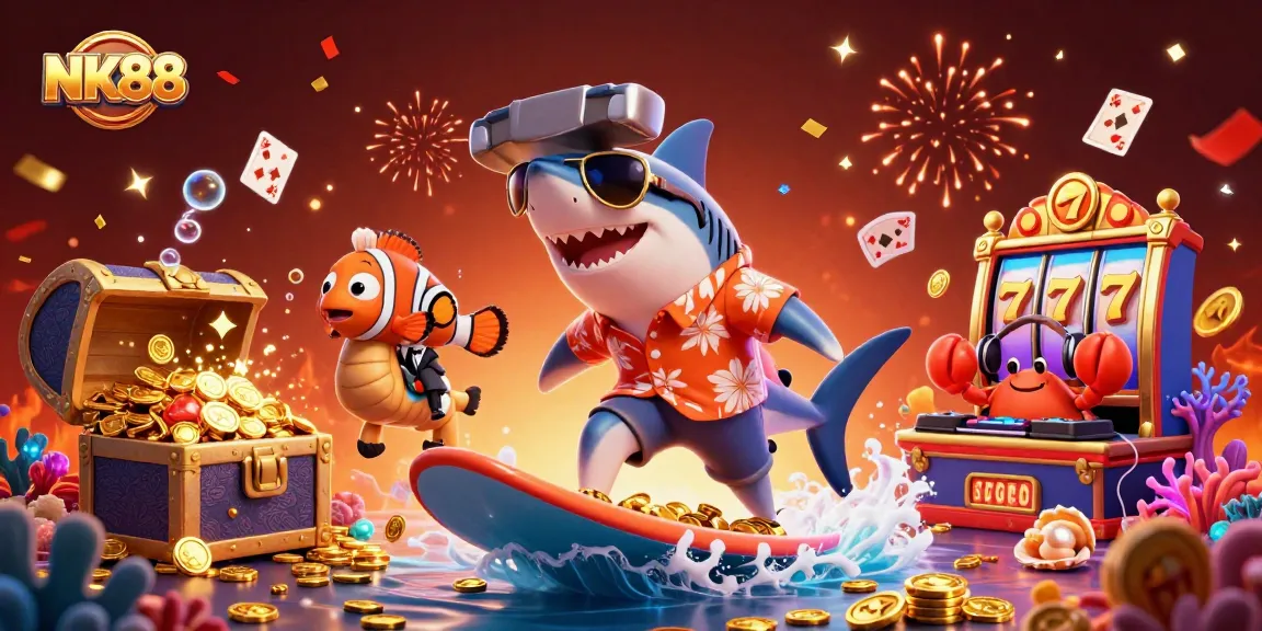 Experience thrills at NK88 with a shark surfing on gold coins amidst vibrant casino elements!