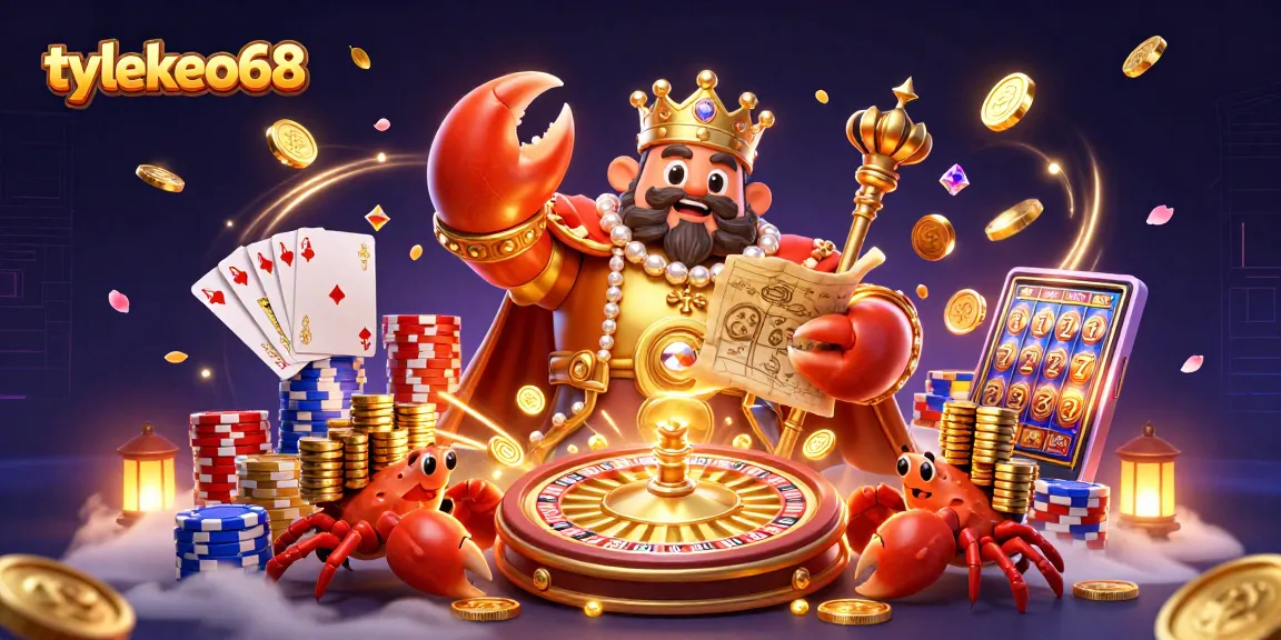 Betting with style at tylekeo68 featuring a golden crab emperor surrounded by bright casino elements.
