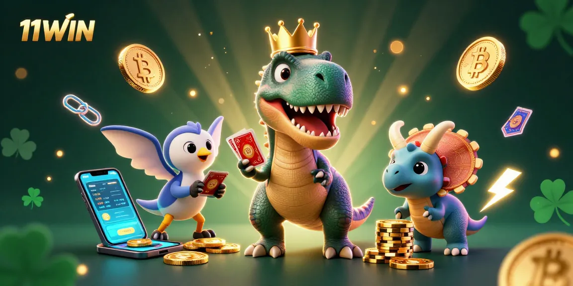 Engage with 11WIN's vibrant 3D scene featuring a T-Rex and vibrant crypto elements.