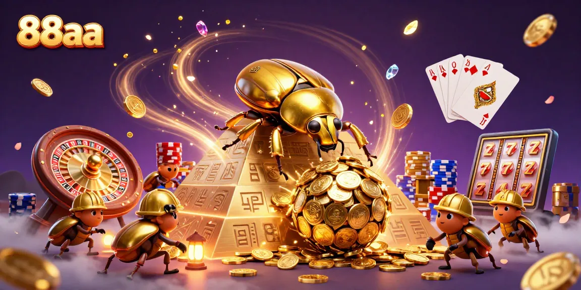 Experience winning moments with 88aa's vibrant casino illustration of beetles, coins, and gaming elements.