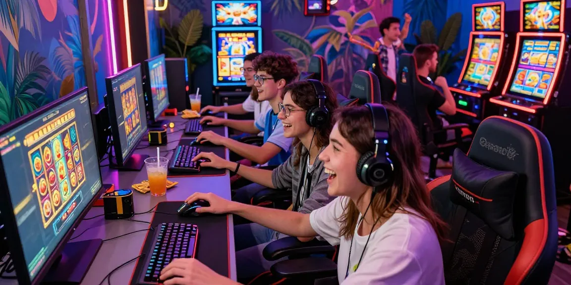 Exciting gaming experience on oppa86 link with friends enjoying vibrant slot machines and snacks.