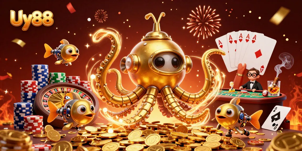 Experience top-tier gaming excitement with Uy88's dynamic casino atmosphere featuring a golden kraken and poker elements.