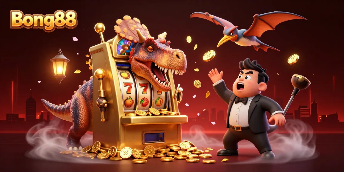 Bong88 captivates with a dynamic casino scene featuring a pachycephalosaurus celebrating jackpot wins.
