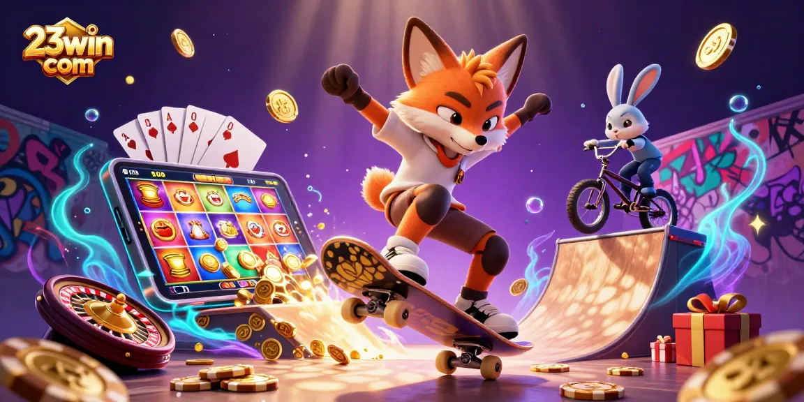 Experience the thrill of gaming at 23win com with a dynamic casino scene featuring a skateboarding fox.
