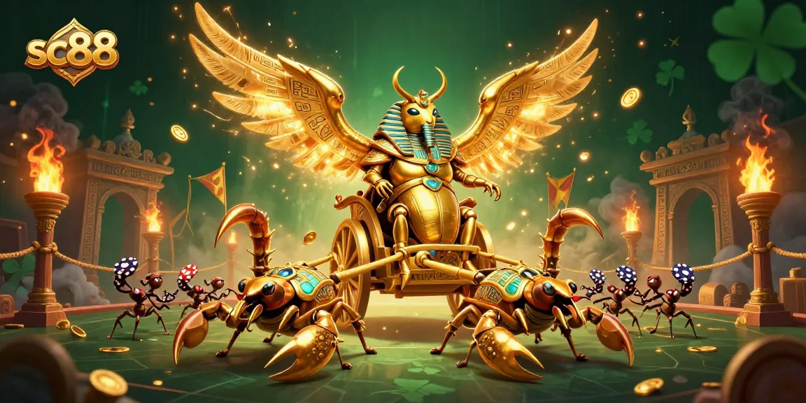 Engage with sc88 as the colossal scarab beetle leads a dynamic chariot in an epic gambling showdown.