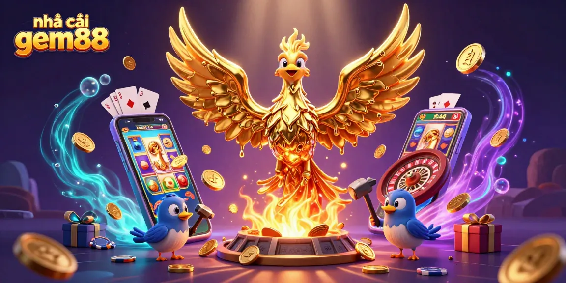 Engage with nhà cái gem88's thrilling gaming experience featuring a golden phoenix and dynamic game elements.