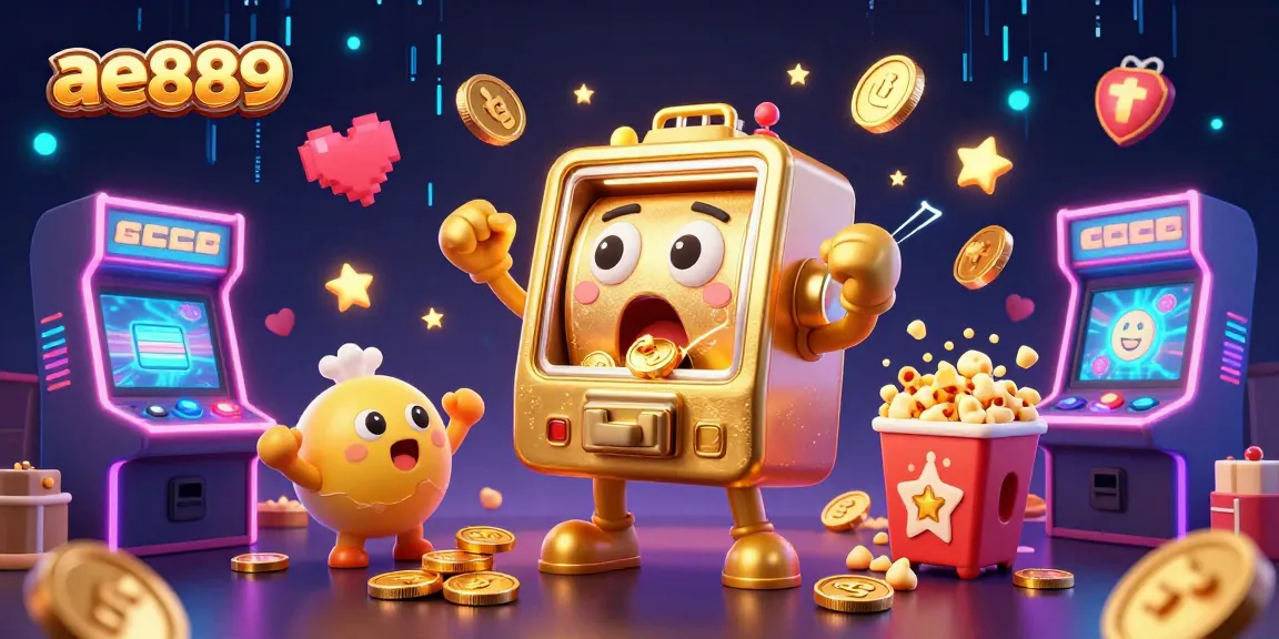 Experience the thrill of ae889 with a joyful golden slot machine winning big, surrounded by fun gaming elements.