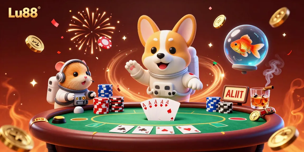 Watch as Lu88's astronaut corgi navigates a floating casino in zero gravity amid drifting poker chips and coins.