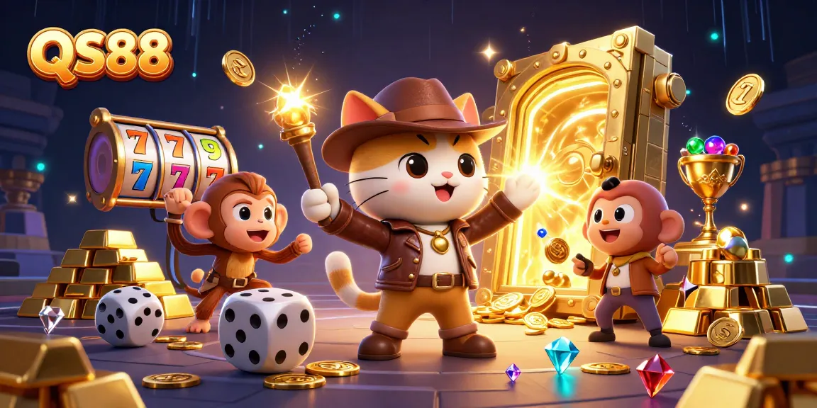 Experience QS88 adventure with a cat explorer unlocking golden treasures in a vibrant casino scene