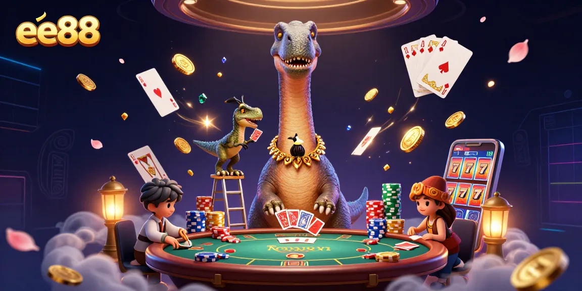 ee88 showcases an engaging 3D casino scene with a brontosaurus dealer and dynamic game elements.
