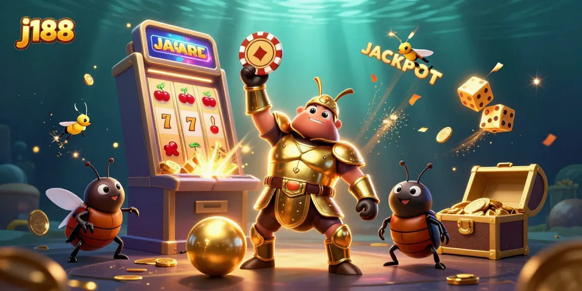 Experience the thrilling adventure of j188 with vibrant 3D illustrations featuring jackpots, coins, and victory poses.