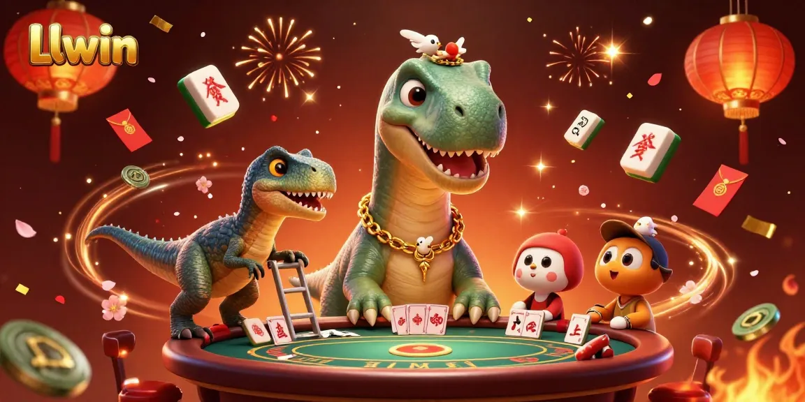 Experience thrilling gameplay with Llwin as a massive dinosaur oversees a vibrant casino scene filled with festive elements.