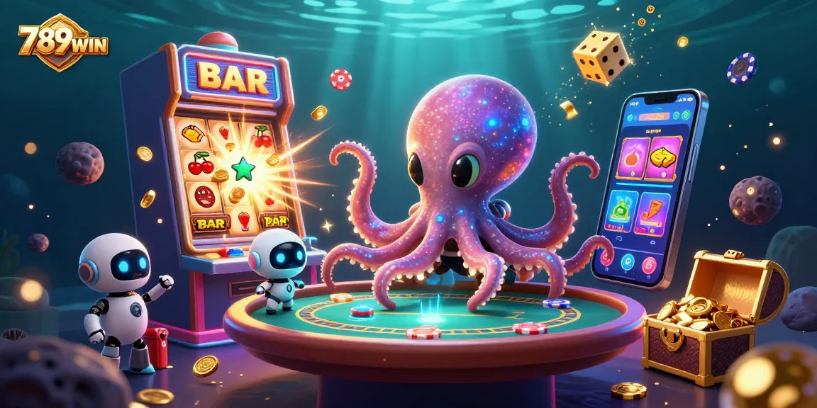 Win big with immersive 789WIN casino adventure featuring an alien octopus and gaming elements.